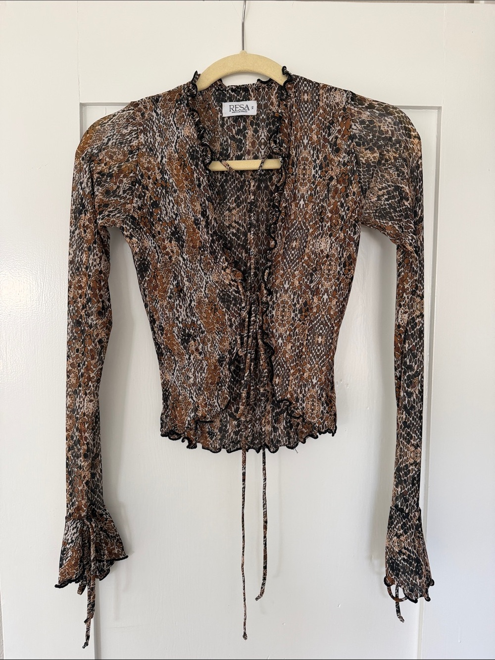 RESA Brown & Black Snake-Print Ruffle Tie-Front Blouse